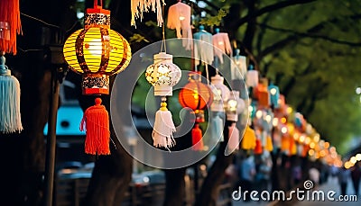 Traditional festival celebration with illuminated Chinese lanterns hanging outdoors generated by AI Stock Photo