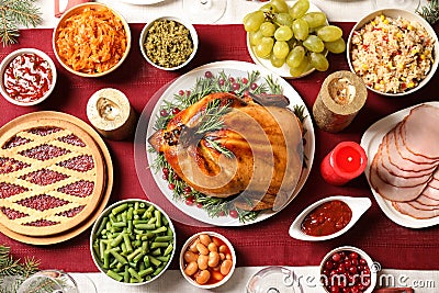 Traditional festive dinner with delicious roasted turkey served on table Stock Photo