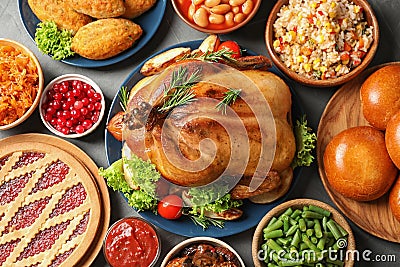 Traditional festive dinner with delicious roasted turkey served on table Stock Photo
