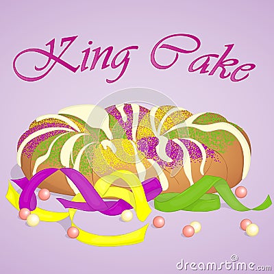 Traditional festive King Cake to celebrate Mardi Gras. Festive beads and ribbons surround the cake. Background for Fat Vector Illustration