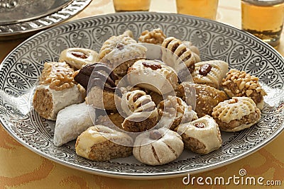 Traditional festive Moroccan cookies and tea Stock Photo