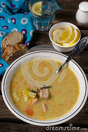 Traditional Finnish salmon cream soup Lohikeitto with potatoes and leeks Stock Photo