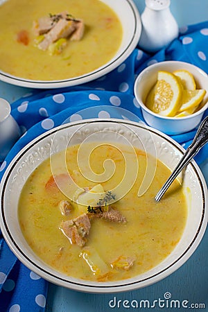 Traditional Finnish salmon cream soup Lohikeitto with potatoes and leeks Stock Photo