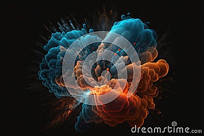 traditional fireworks abstract bubbling orange blue fume explosion on black background Stock Photo