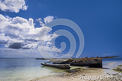 Traditional fishing boats found on the shore of the Indian ocean (Nungwi, Zanzibar, Tanzania) Editorial Stock Photo