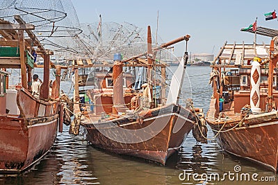 Traditional Fishing Dhows in Sharjah Editorial Stock Photo