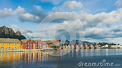 Traditional fishing huts rorbu in Svolvaer, Norway Editorial Stock Photo