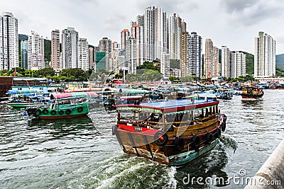 Traditional fishing trawler in the Aberdeen Bay, Hong Kong. Editorial Stock Photo