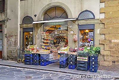 Traditional Florentine Delicatessen, and Greengrocers in Florence, Italy. Editorial Stock Photo