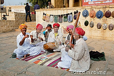 Traditional folk music band of Rajasthan play national song outdoor Editorial Stock Photo