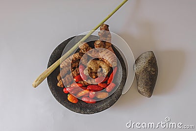 Traditional food ingridients on the stone mortar with pestle Stock Photo