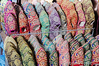 Traditional footwear at a shop in Marrakesh Stock Photo