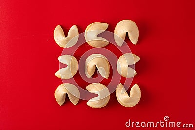 Traditional fortune cookies on red background Stock Photo