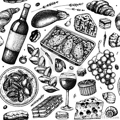 Traditional french food seamless pattern. With hand drawn wine, meat dishes, desserts, and snacks sketches. French food restaurant Vector Illustration