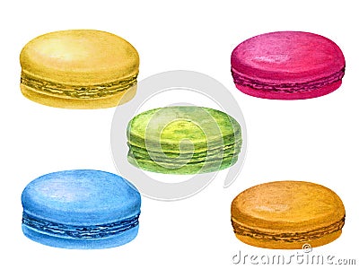 Traditional French macarons. Colorful Almond cookies, macaroon cake. Blue, green and red sweet dessert. Watercolor illustration Cartoon Illustration