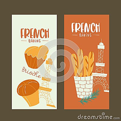 Traditional French pastries, bread. Baguettes and brioche. Vector illustration. Vector Illustration