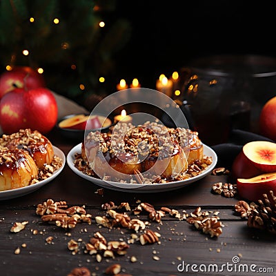 Traditional fruit dessert for Christmas, baked apples filled with nuts on a plate. Stock Photo