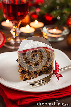 Traditional fruitcake on Christmas table Stock Photo