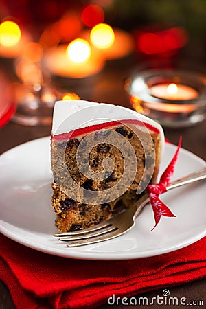 Traditional fruitcake on Christmas table Stock Photo