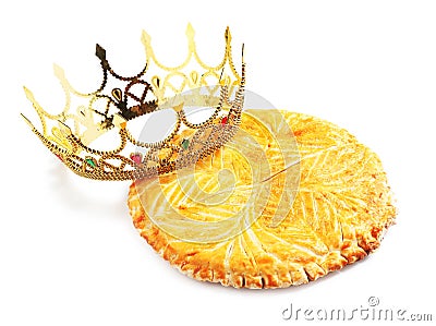 Traditional galette des rois and decorative crown on white background Stock Photo