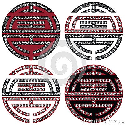 Traditional geometric Oriental Korean symmetrical longevity, long life zen symbols in black, white and red with diamonds element Vector Illustration