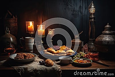 Traditional georgian breakfast on wooden table. Toned image. Delicious Ramadan iftar and Suhoor traditional meal, AI Generated Stock Photo