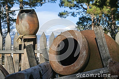 Traditional Georgian jugs for wine in the cart Stock Photo