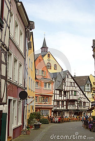 Traditional german buildings in Bernkastel-Kues on the river Mosel in Germany Editorial Stock Photo