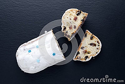 Traditional german christmas cake stollen, flat lay Stock Photo