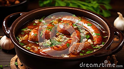 Traditional German Traditional soup boiled sausage Knakwurst Stock Photo
