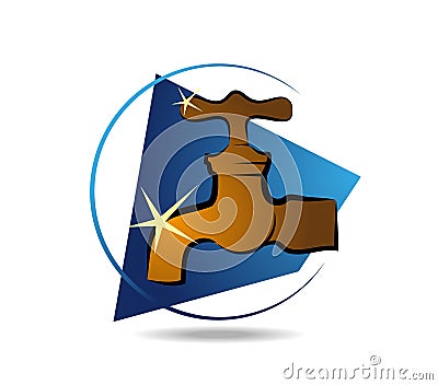 Traditional golden faucet on a blue background. Logo for a plumber Vector Illustration