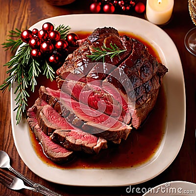 Traditional gourmet meal of roast beef, plated with festive Christmas decoration for holiday meal Stock Photo