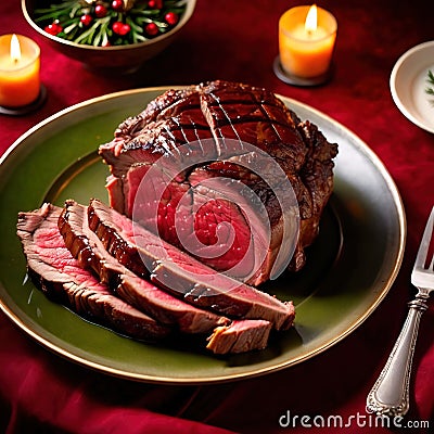 Traditional gourmet meal of roast beef, plated with festive Christmas decoration for holiday meal Stock Photo