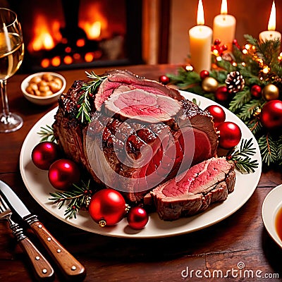 Traditional gourmet meal of roast beef, plated with festive Christmas decoration for holiday meal Stock Photo