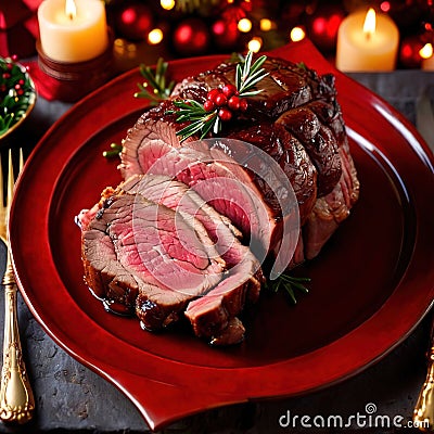 Traditional gourmet meal of roast beef, plated with festive Christmas decoration for holiday meal Stock Photo