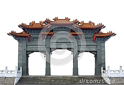 The traditional gray marble chinese pavilion gate arch isolated on white background Stock Photo