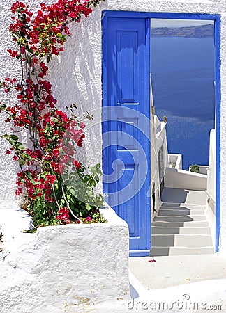 Traditional Greek balcony in Santorni island Stock Photo