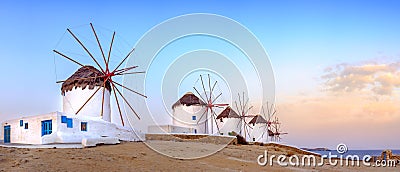 Traditional greek windmills on Mykonos island, Cyclades, Greece Stock Photo