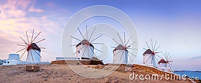 Traditional greek windmills on Mykonos island, Cyclades, Greece Stock Photo