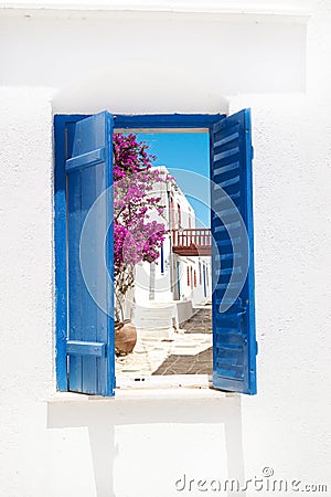 Traditional greek window on Sifnos island Stock Photo