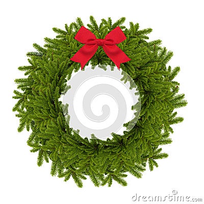 Traditional green christmas wreath with red bow isolated on whit Stock Photo