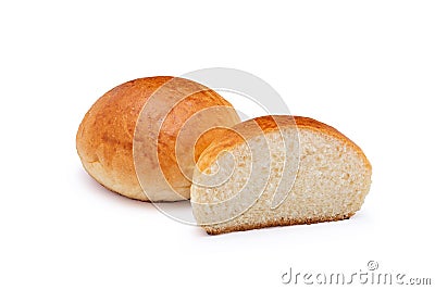Traditional hamburger bread isolated on white background cut in half Stock Photo