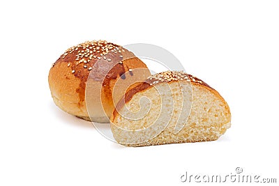Traditional hamburger bread with sesame isolated on white background cut in half Stock Photo