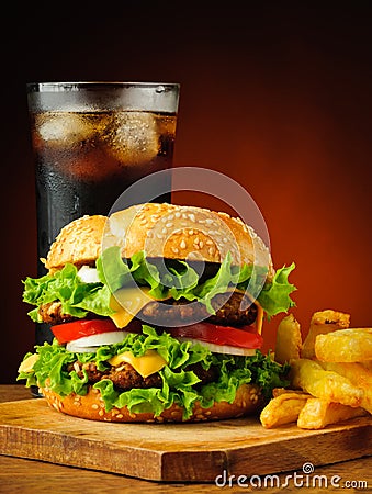 Traditional hamburger, french fries and cola drink Stock Photo