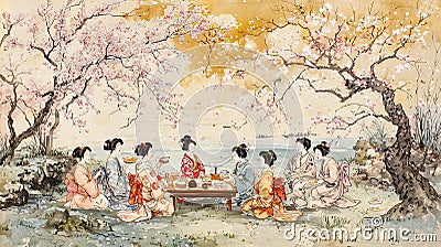 Traditional Hanami Tea Ceremony in a Serene Ukiyo-e Landscape Cartoon Illustration