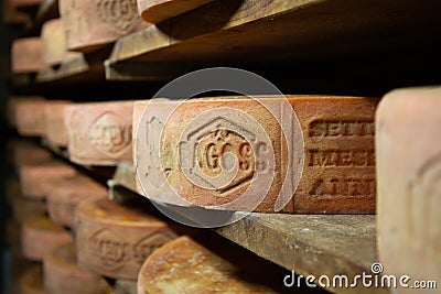 Cheese traditional aging cave storage. Bagoss cheese, Italy Editorial Stock Photo