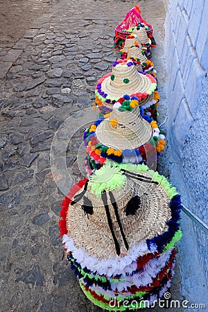 Traditional hats sale in Chefchaouen, Morocco Stock Photo