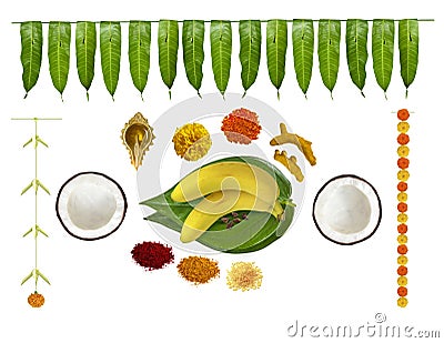 Traditional hindu pooja essential items, bannana, betel leaf, betel nuts, coconut, turmeric, kumkum, turmeric sticks, mari gold fl Stock Photo