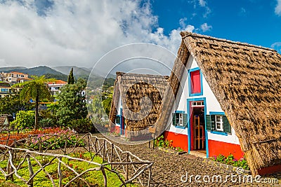 Traditional historic thatched houses with strawy roofs on Madeira island, Santana, Portugal Stock Photo