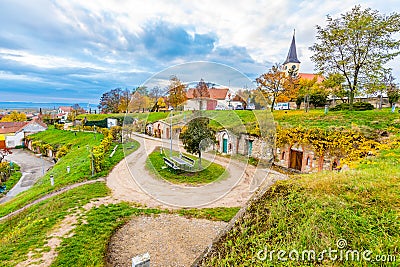 Traditional historical wine cellar at Vrbice village, South Moravia region - Czech Republic. Small wine houses with plants over Stock Photo